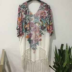 White Floral Sheer Fringe Duster Cardigan